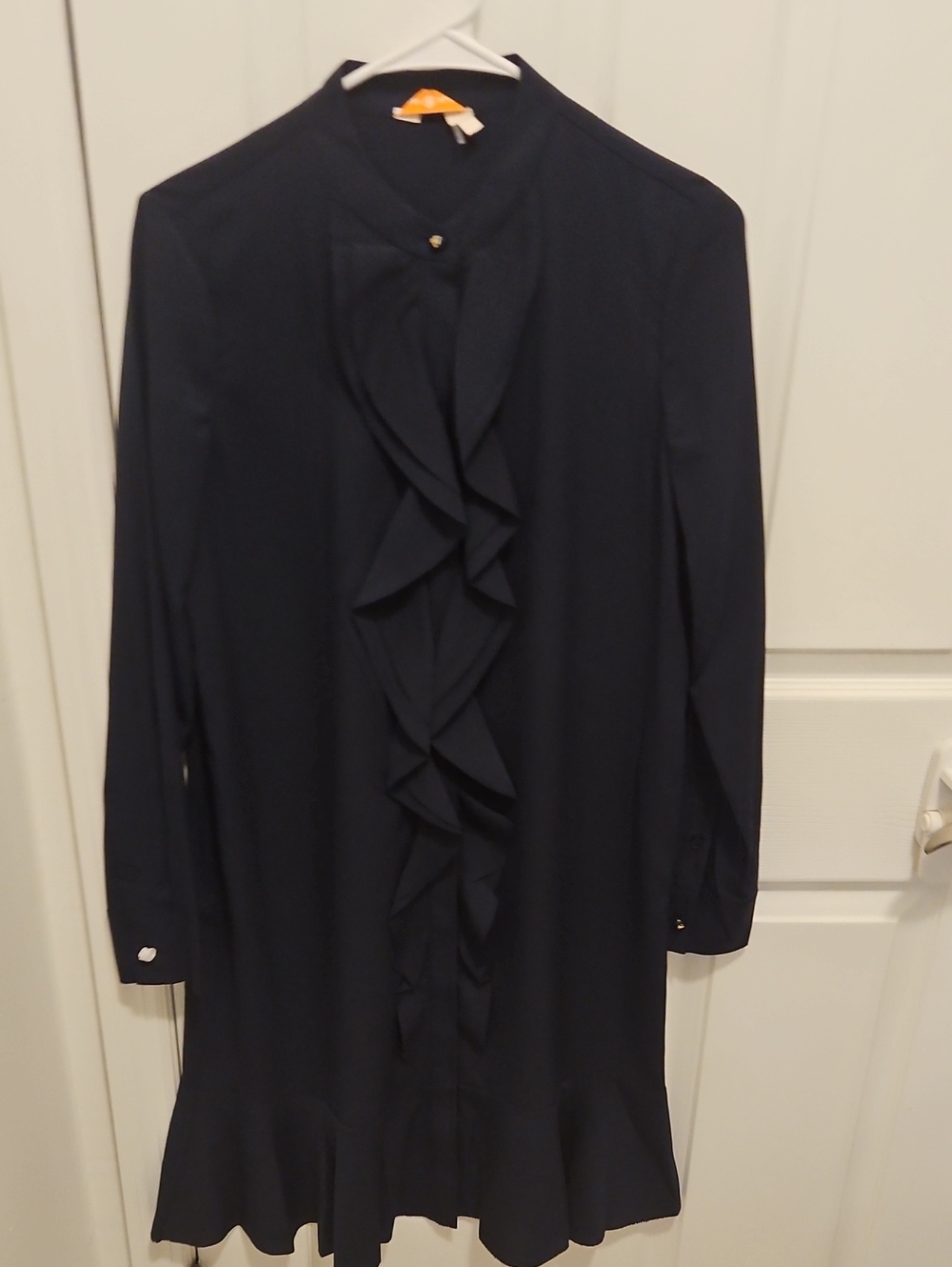 Women’s Navy Ruffle Front Long Sleeve Coat